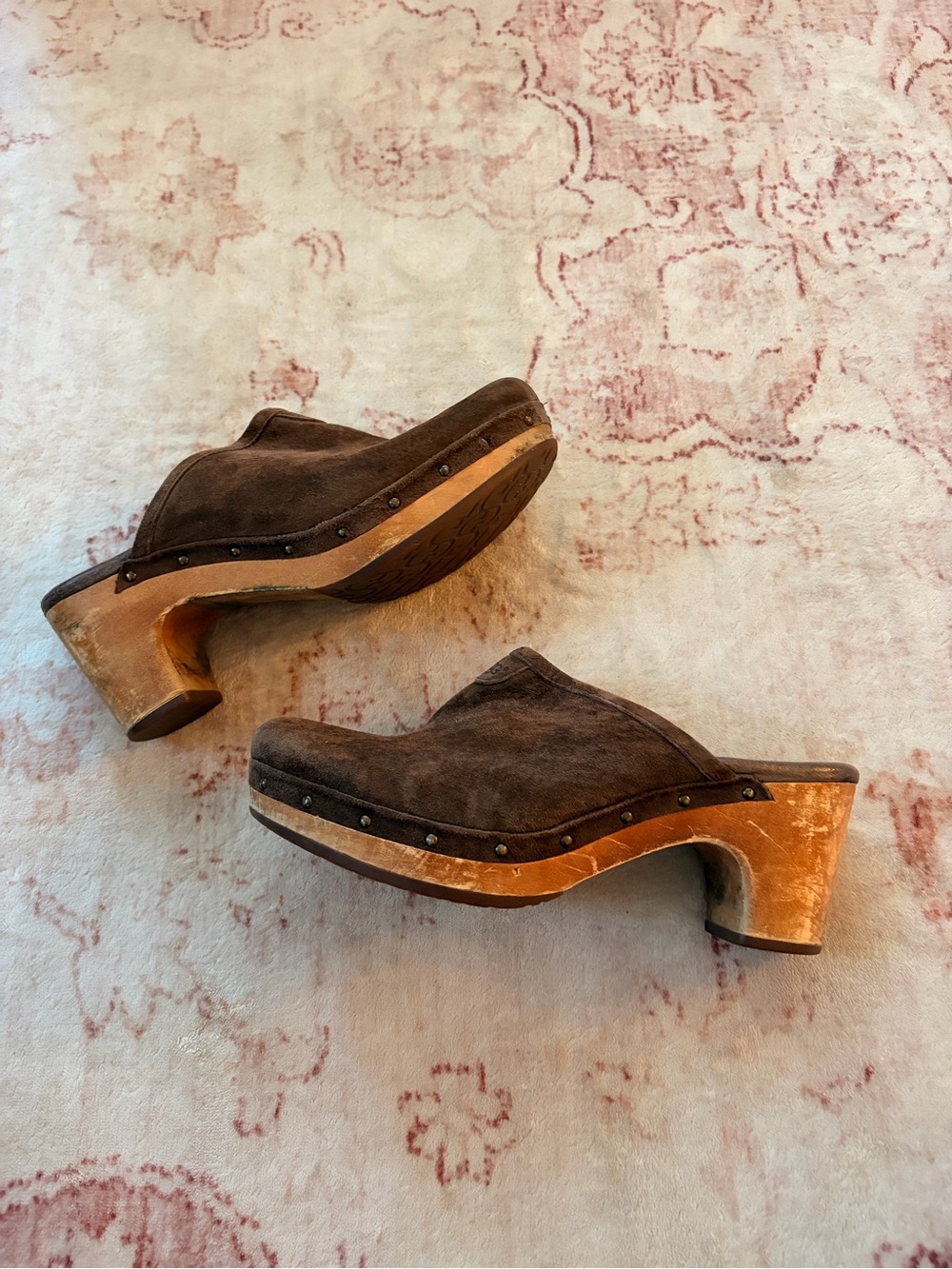 UGG Brown Suede Studded Clogs with Wood-Look Heel